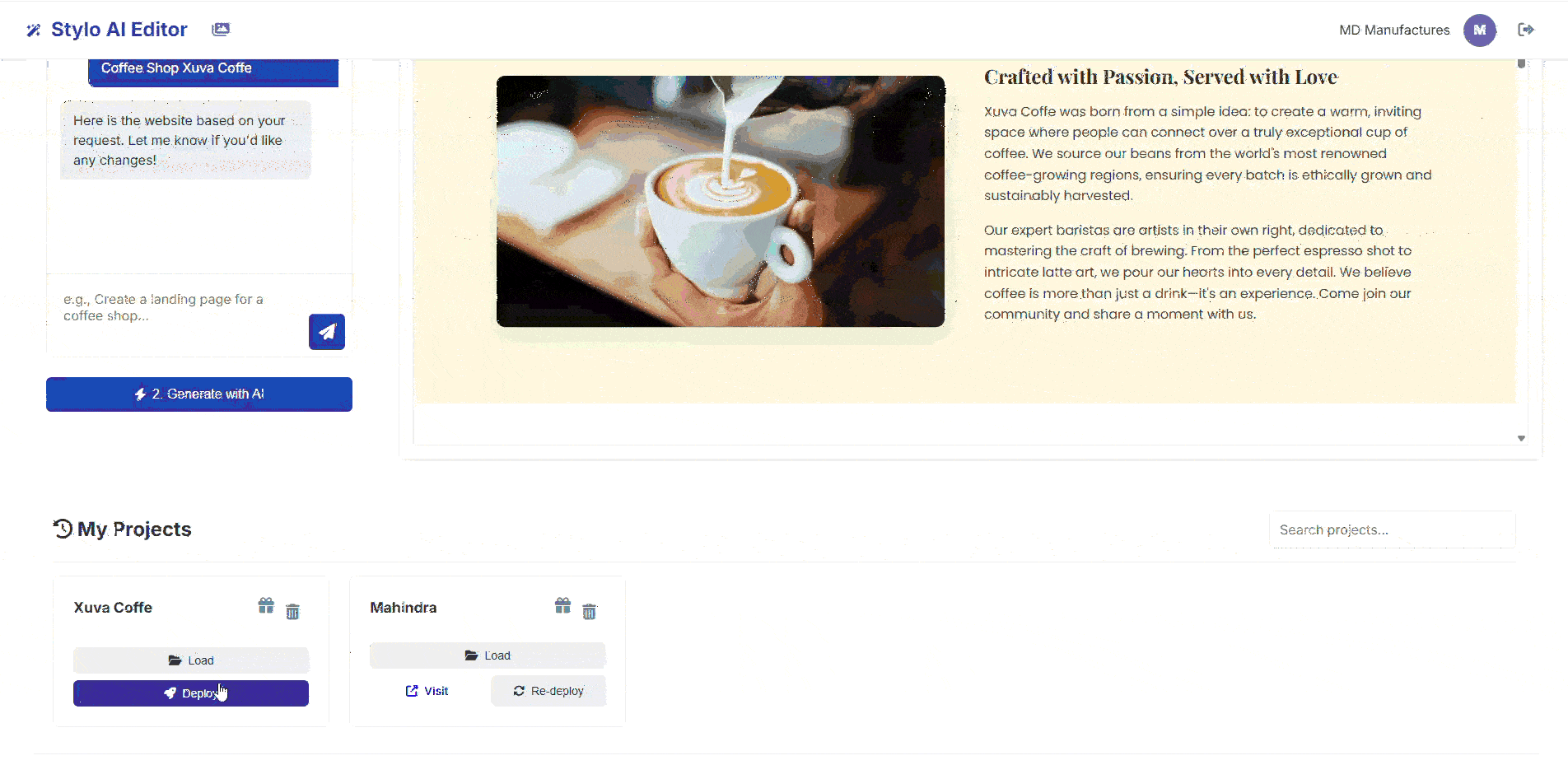 Project dashboard showing deployment options